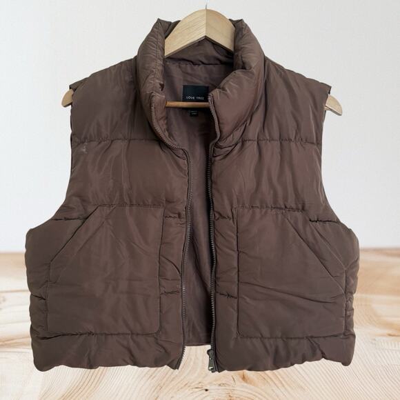 Love Tree Cropped Puffer Vest Sz L Womens Brown Pockets Minimalist On Trend Fun - Picture 2 of 8